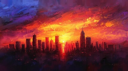 A dramatic skyline silhouetted against the fiery hues of a sunset, painted with bold strokes of oil colors.