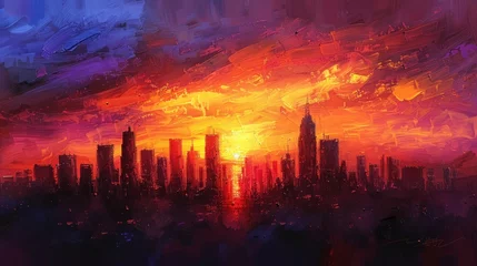 Poster A dramatic skyline silhouetted against the fiery hues of a sunset, painted with bold strokes of oil colors. © 2D_Jungle