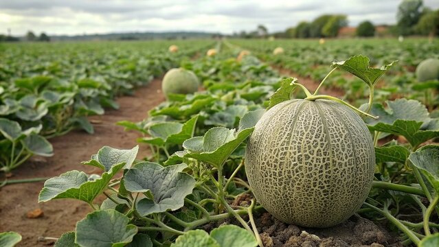 An open field with a organically grown crop of rockmelons