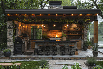 Rustic outdoor kitchen and dining area with a fire pit and string lightsHyperrealistic