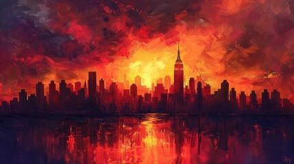 A dramatic skyline silhouetted against the fiery hues of a sunset, painted with bold strokes of oil colors.