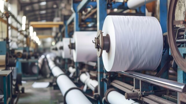 Large roll of white industrial material being processed in a manufacturing plant