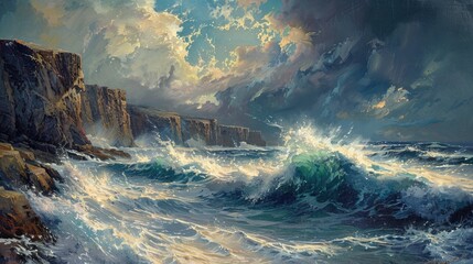 A dynamic seascape capturing the power and beauty of crashing waves against rugged cliffs, skillfully rendered with oil paints.