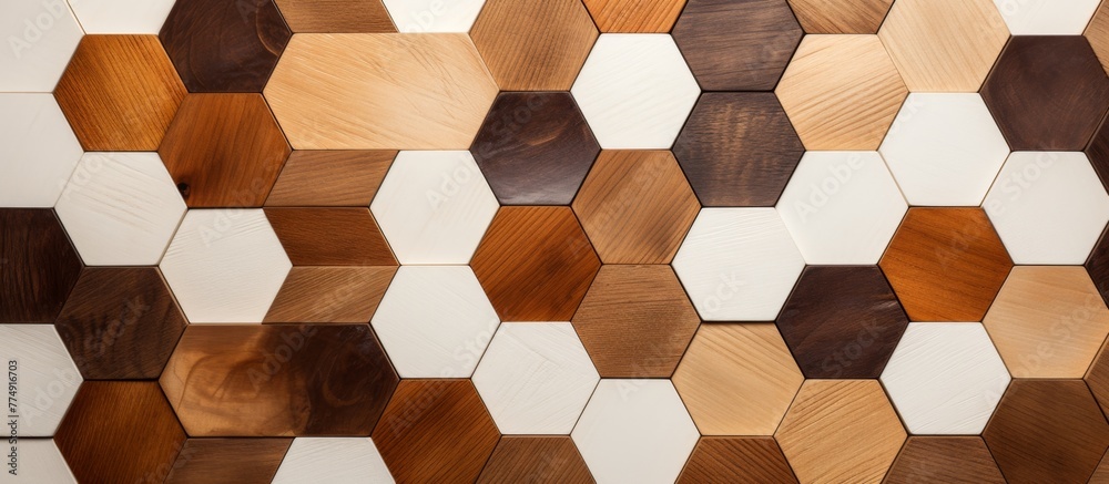 Poster detailed view of a wall constructed with alternating wooden and white tiles creating a visually inte