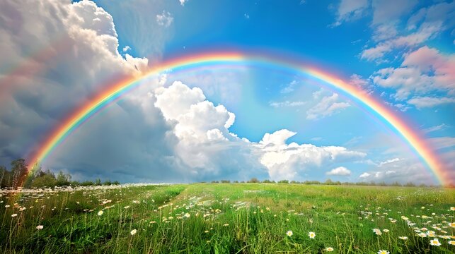 Vibrant Rainbow Over a Flowering Meadow, Nature's Beauty on Display. Perfect for Wall Art and Calendars. Serenity and Freshness Captured. AI