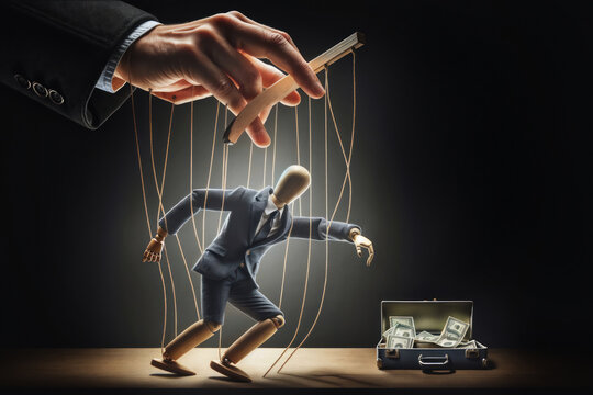 symbolic representation of financial control with a puppeteer and cash.