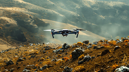 Drone flying over rugged terrain during a search and rescue operation, aiding in locating lost hikers