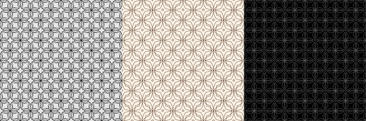 Three geometric patterns in gray, black and brown. Intertwining lines in a diamond pattern. Seamless pattern, grid of diamonds.