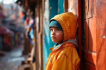 Unidentified Nepali little boy in yellow jacket