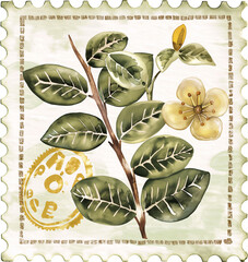 A postage stamp featuring a leafy green plant with a yellow flower