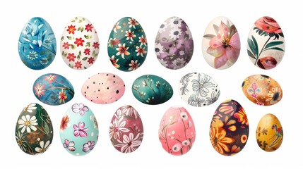 Collection of colourful hand painted decorated easter eggs on white background cutout file. Pattern and floral set. Many different design. Mockup template for artwork design