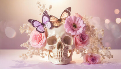 Close-up of elegant skull adorned with beautiful flowers and butterflies. Pastel pink backdrop