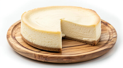 front view of single classic New York cheesecake on a wooden tray isolated on a white background