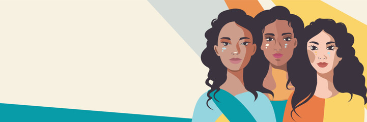 Vector flat banner place for text to women of different cultures and nationalities. Vector concept of movement for gender equality and women's empowerment