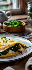Golden Brunch time, fine-dining, spinach, goat cheese and mushroom cheese omelette