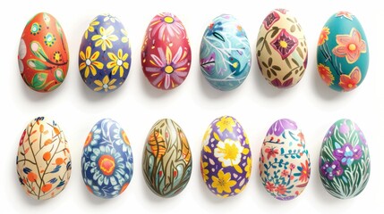 Collection of colourful hand painted decorated easter eggs on white background cutout file. Pattern and floral set. Many different design. Mockup template for artwork design