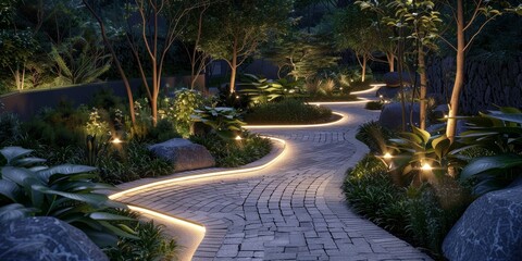 illuminating the winding garden pathways that traverse the area.
