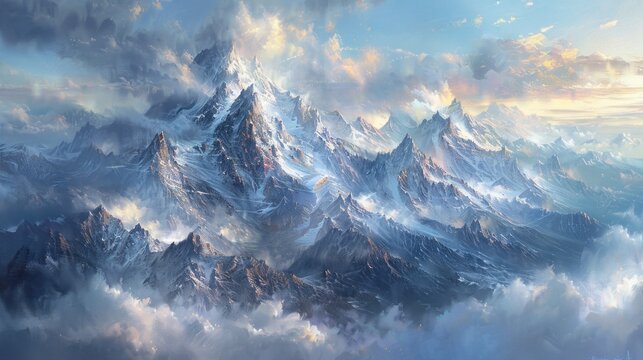 A majestic mountain vista, with snow-capped peaks piercing the clouds and valleys bathed in soft light, rendered in oil paints.