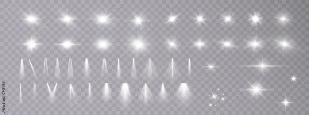 Poster set of white light spotlights, flashes of light on a transparent background. vector glowing light ef