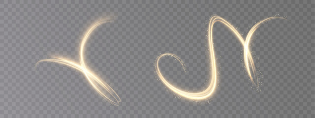 Abstract golden light effect of curved lines. Golden wavy path of light on a transparent background. FOR design and design of marketplaces. Vector - obrazy, fototapety, plakaty