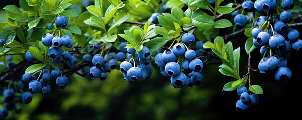 Fresh huckleberries on green twig. (Vaccinium corymbosum). Blueberries
