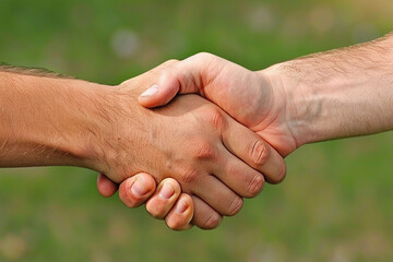 Two delighted business individuals exchanging handshakes