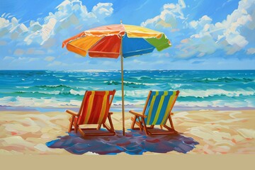 two chairs and an umbrella on a beach