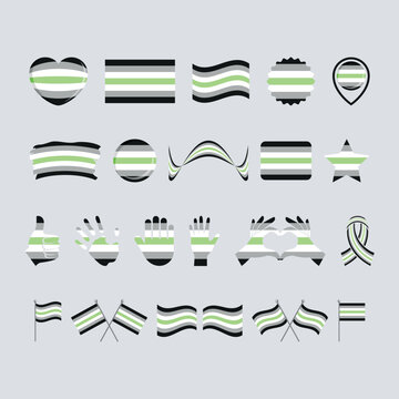 Agender pride flag and symbols many icon set vector. Agender pride flag graphic design element isolated on a gray background. Agender icons in flat style