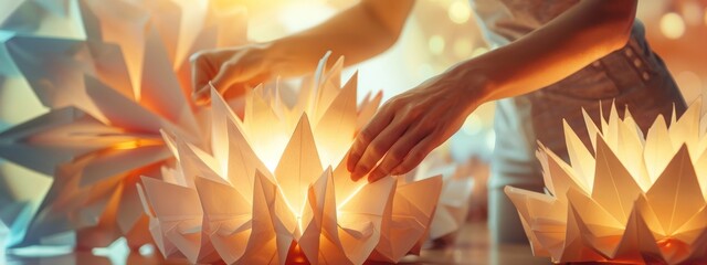 A close-up of a skilled paper artist creating intricate origami sculptures in a sunlit room realistic stock photography