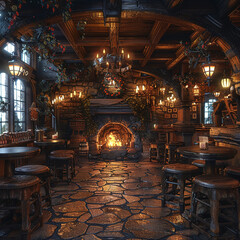 Obraz premium Old English pub with dark wood cozy fireplaces
