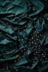 Luxurious dark green velvet fabric, sparkling gold stars and small diamonds - 774919934