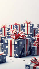 Patriotic Presents with American Flag Motif on White Background, copy space - 774919972