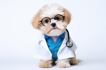 Dog in doctor's white coat and glasses with stethoscope, healthcare, pet care - 774919987
