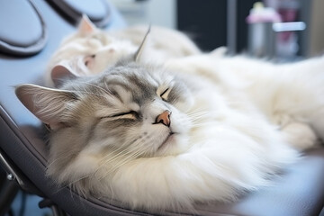 Fluffy cats lounge together in pet spa salon or at home - 774920120