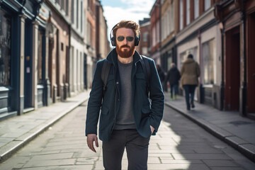 Stylish Man Enjoying Urban Walk on city streets with music on his headphones - 774920142