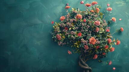 Human brain tree with flowers for mental health and self-care - obrazy, fototapety, plakaty