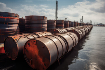 Rusty oil barrels in water, dockside, cargo shipping, industrial background - 774920154