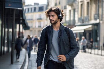 Stylish Man Enjoying Urban Walk on city streets with music on his headphones - 774920161