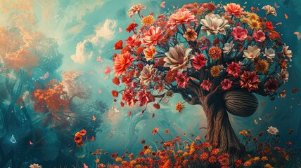Human brain tree with flowers for mental health and self-care - obrazy, fototapety, plakaty