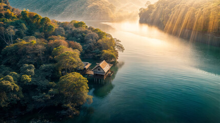 Aerial view of bamboo house on the lake in the morning.