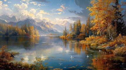 A serene lakeside landscape, where the still waters mirror the beauty of the surrounding scenery, painted with the tranquil strokes of oil colors. - obrazy, fototapety, plakaty
