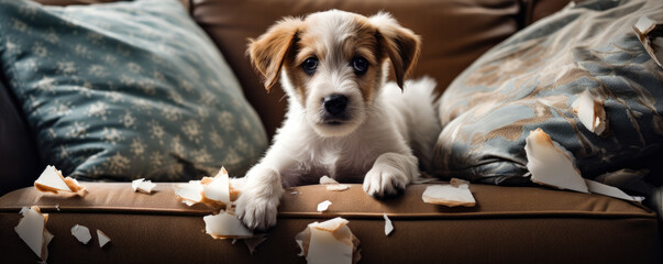 Cute little dog destroyed modern leather sofa while he was bored.