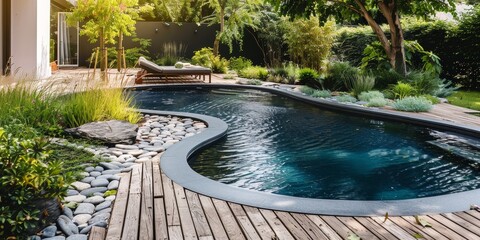 modern backyard with a fusion of organic shapes, featuring an oval swimming pool