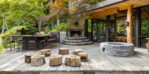 modern backyard with a rustic touch, incorporating a reclaimed wood deck