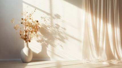 Delicate spring flowers bouquet in glass vase on table, soft shadows on wall