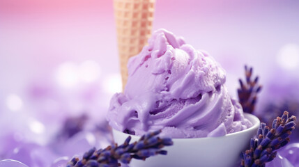 Purple lavender flavor ice cream with floral ingredients, dessert background - 774920515
