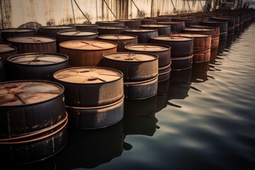 Rusty oil barrels in water, dockside, cargo shipping, industrial background