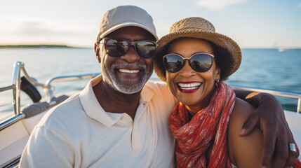 Smiling mature black couple enjoying leisure sailboat ride in summer - 774920769
