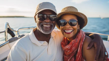 Rolgordijnen Smiling mature black couple enjoying leisure sailboat ride in summer © dvoevnore