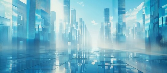 Abstract Metropolis in Blue: A High-Resolution Digital Cityscape with Glass Skyscrapers Reflecting on the Floor (Business Concept)